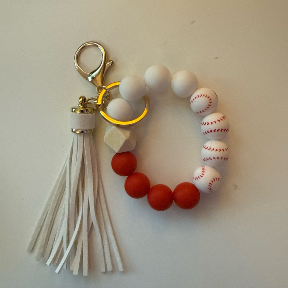 Red and White Beaded baseball Keychain with Tassel